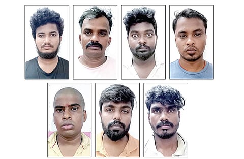 கடத்தலில் ஈடுபட்டதாக கைது செய்யப்பட்ட அஜித்குமார், செல்வம், பாலாஜி, மணிகண்டன், விக்னேஷ், சரவணன், சிவா.