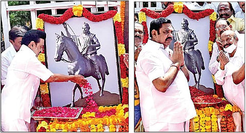 சுதந்திரப் போராட்ட வீரர் தீரன் சின்னமலையின் நினைவு நாளையொட்டி, சென்னை கிண்டியில் உள்ள அவரது சிலைக்கு அருகில் வைக்கப்பட் டிருந்த படத்துக்கு முதல்வர் மு.க.ஸ்டாலின்,  அதிமுக பொதுச்செயலாளர் பழனிசாமி ஆகியோர் மலர்தூவி அஞ்சலி செலுத்தினர். படங்கள்: ம.பிரபு
