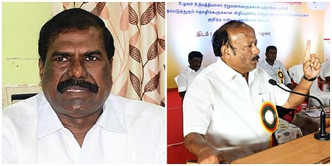 ஜி.கே.மணி (இடது), அமைச்சர் எம்.ஆர்.கே.பன்னீர்செல்வம் (வலது)