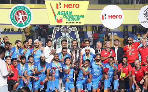 கோல் அடித்த மகிழ்ச்சியில் இந்திய அணி வீரர்கள்.படம்: எஸ்.சத்தியசீலன்