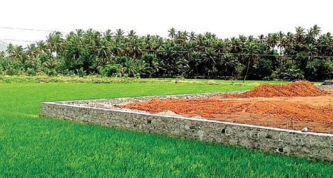 உத்தமபாளையம் புறவழிச் சாலையில் வர்த்தக கட்டிடம் அமைப்பதற்காக அழிக்கப்பட்ட விளை நிலம்.