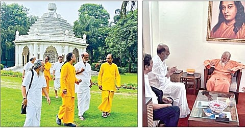 ஜார்க்கண்ட் தலைநகர் ராஞ்சியில் உள்ள யோகதா சத்சங்க ஆசிரமத்துக்கு நண்பர்களுடன் சென்ற ரஜினிகாந்தை ஆசிரம நிர்வாகிகள் வரவேற்று அழைத்துச் சென்றனர். (அடுத்த படம்) அங்குள்ள பரமஹம்ச யோகானந்தர் மடத்தின் மூத்த துறவியை சந்தித்து பேசினார்.
