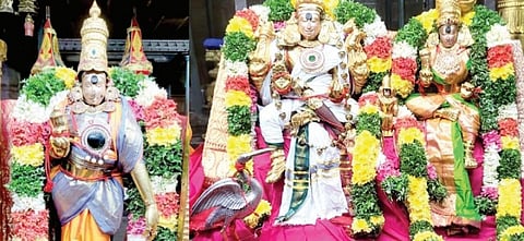 மதுரை மீனாட்சி அம்மன் கோயிலில் ஆவணி மூலத் திருவிழாவின் 2-ம் நாளான நேற்று நாரைக்கு முக்தி கொடுத்த லீலை அலங்காரத்தில் எழுந்தருளிய மீனாட்சி அம்மன், கந்தரேசுவரர், பிரியாவிடை