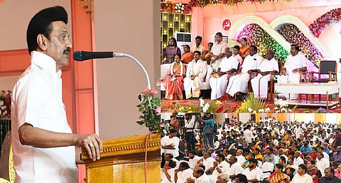 திருவாரூரில் நடைபெற்ற நாடாளுமன்ற உறுப்பினர் செல்வராஜின் இல்லத் திருமண விழாவில் உரையாற்றும் தமிழக முதல்வர் மு.க.ஸ்டாலின்