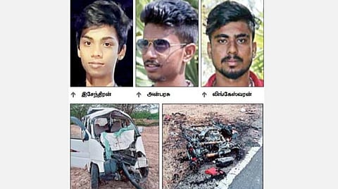சேதமடைந்த கார்.  (அடுத்த படம்) தீப்பற்றி உருக்குலைந்த பைக்.﻿﻿