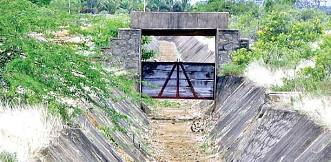 கால்வாயில் தண்ணீர் திறக்கப்படாததால் வறண்டுள்ள லெவிஞ்சிபுரம் குளம்.
