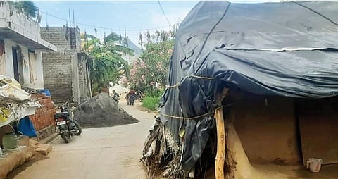 திருவண்ணாமலை அடுத்த நல்லவன்பாளையம் கிராமத்தில் பழங்குடி இருளர் மக்களின் குடியிருப்பு பகுதி