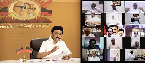 காணொலி காட்சி வழியாக நடந்த மாவட்டச் செயலாளர்கள் கூட்டத்தில் உரையாற்றும் முதல்வர் ஸ்டாலின்