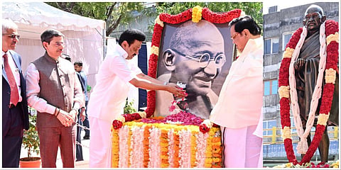 காந்தி ஜெயந்தியையொட்டி எழும்பூர் அரசு அருங்காட்சியக வளாகத்தில் வைக்கப்பட்டிருந்த அவரது உருவப் படத்துக்கு மலர்தூவி மரியாதை செலுத்தும் தமிழக முதல்வர் மு.க.ஸ்டாலின் உடன் தமிழக ஆளுநர் ஆர்.என்.ரவி