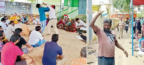 கந்திலி அடுத்த சுந்தரம்பள்ளி ஊராட்சியில் நடந்த கிராம சபை கூட்டத்தில் அரசு அதிகாரிகள் முன்னிலையில் 2 பேர் தாக்கிக்கொண்ட சம்பவம் சலசலப்பை ஏற்படுத்தியது.﻿﻿ (அடுத்த படம்) திருப்பத்தூர் அடுத்த வெலக்கல்நத்தம் ஊராட்சியில் நடந்த கிராம சபை கூட்டத்தில் டீசல் ஊற்றி தீக்குளிக்க முயன்ற மாரியப்பன்.