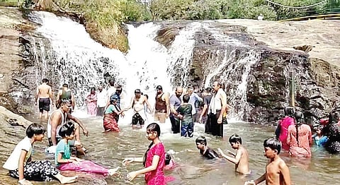 அருவியில் குளித்து மகிழும் சுற்றுலா பயணிகள்.