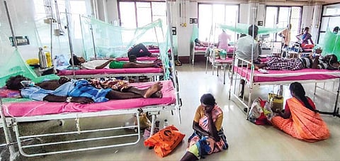 திருச்சி அரசு மருத்துவமனையில் உள்ள டெங்கு காய்ச்சல் சிறப்பு வார்டில் அனுமதிக்கப்பட்டுள்ளோர்.படம்: ர.செல்வமுத்துகுமார்