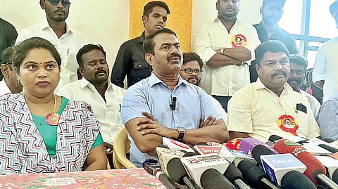 திருப்பத்தூரில் நேற்று செய்தியாளர்களை சந்தித்த நாம் தமிழர் கட்சியின் தலைமை ஒருங்கிணைப்பாளர் சீமான்.