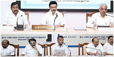 செங்கல்பட்டில் நடந்த கள ஆய்வில் முதலமைச்சர்  திட்டக் கூட்டத்தில் உரையாற்றும் முதல்வர் ஸ்டாலின்.