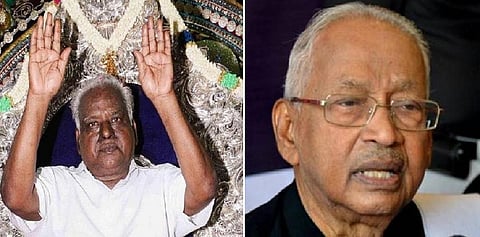 பங்காரு அடிகளார் (இடது), கி.வீரமணி (வலது)