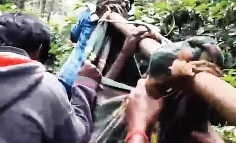 ஏற்காட்டில் உள்ள கொடிகாடு மலைக்கிராமத்துக்கு சாலை வசதி இல்லாததால் உடல்நிலை சரியில்லாதவரை தொட்டில் கட்டி சிகிச்சைக்கு தூக்கி செல்லும் அவலம் நீடிக்கிறது.