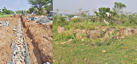 தருமபுரி மாவட்டம் பங்குநத்தம் பகுதியில் உள்ள பெருங்கற்கால ஈமச் சின்னங்கள் உள்ள பகுதியைச் சுற்றி அடித்தள சுற்றுச் சுவருடன் கூடிய கிரில் வேலி அமைக்கும் பணி நடந்து வருகிறது. (அடுத்தப் படம்) பங்குநத்தம் பகுதியில் அமைந்துள்ள பெருங்கற்கால கல்வட்டங்கள்.