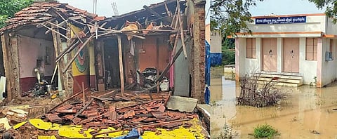 தேவகோட்டை ஆற்றங்கரை தெருவில் சேதமடைந்த வீடு. (வலது) உஞ்சனையில் மழைநீர் சூழ்ந்த அங்கன்வாடி மையம், கிராம நிர்வாக அலுவலகம்.﻿﻿