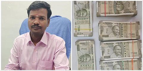 முதன்மைக் கல்வி அலுவலர் ராமன் மற்றும் பறிமுதல் செய்யப்பட்ட பணம் ரூ.3 லட்சம்