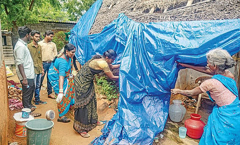 தஞ்சாவூர் மாநகராட்சியில் பொதுமக்கள்  வசிக்கும் பகுதியில் டெங்கு ஒழிப்பு பணியில் ஈடுபட்ட களப் பணியாளர்கள்.
படங்கள்: ஆர்.வெங்கடேஷ்
