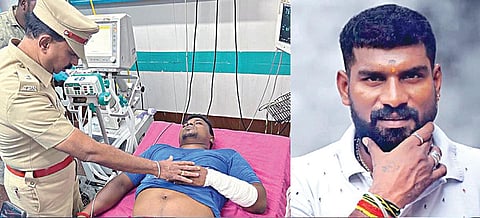 காயமடைந்த உதவி ஆய்வாளர் வினோத்குமாருக்கு ஆறுதல் கூறிய திருச்சி சரக டிஐஜி பகலவன். அடுத்த படம்: ரவுடி ஜெகன்
