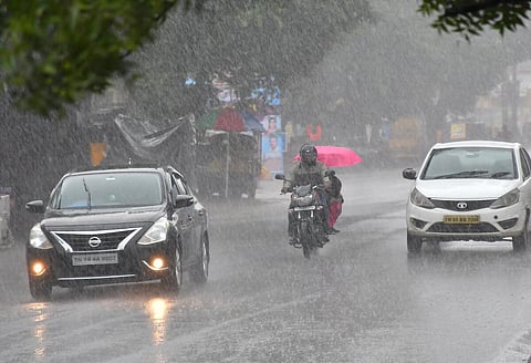 வேலூரில் காலை முதல் அவ்வப்போது விட்டு, விட்டு பெய்த பலத்த மழையில் நனைந்தபடி சென்ற வாகன ஓட்டிகள். இடம். வேலூர்-ஆரணி சாலை. படம்: வி.எம்.மணிநாதன்.