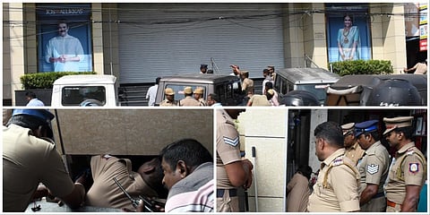 கோவை காந்திபுரம் நூறடி சாலையில் திருட்டு சம்பவம் நடந்த நகைக்கடையில் விசாரணை நடத்தும் காவல்துறையினர் | படங்கள் : ஜெ.மனோகரன்.