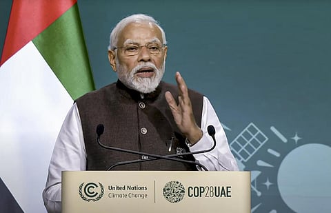 துபாயில் நடைபெற்று வரும் காலநிலை மாற்றம் குறித்த ஐநா உச்சி மாநாட்டில் பேசிய பிரதமர் நரேந்திர மோடி.