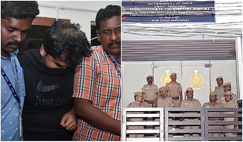 மதுரை அமலாக்கத் துறை அலுவலகம் (இடது) கைது செய்யப்பட்ட அங்கித் திவாரி (வலது)