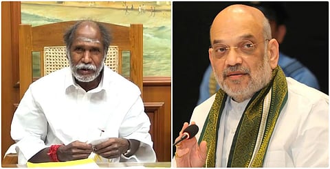 புதுச்சேரி முதல்வர் ரங்கசாமி (இடது), மத்திய உள்துறை அமைச்சர் அமித் ஷா (வலது)