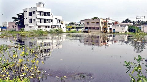 திருநெல்வேலி டவுனில் இருந்து தென்காசி செல்லும் சாலையில் லாலுகாபுரம் அருகே அரசன் நகர் பகுதி குடியிருப்புகளை சூழ்ந்துள்ள வெள்ளம். | படம்: மு.லெட்சுமி அருண்.