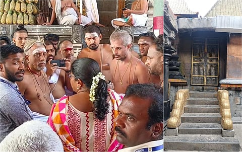சிதம்பரம் நடராஜர் கோவிலில் தில்லைக்காளியம்மன் கோவில் செயல் அலுவலர் சரண்யா,சிதம்பரம் திருக்கோயில்களின் வட்டார ஆய்வாளர் நரசிங்கபெருமாள் ஆகியோர் கோவில் பொது தீட்சிதர்களிடம் பேச்சு வார்த்தை நடத்தினர். : அடுத்த படம்: சிதம்பரம் நடராஜர் கோவிலில் கனகசபை  வாயில் மூடப்பட்டுள்ளது.