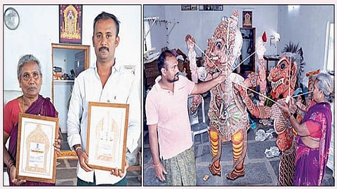 தேசிய விருது பெற்ற தாய் சிவம்மாவுடன் 2 முறை தேசிய விருது பெற்ற அவரது மகன் குய்யப்பா. அடுத்த படம்: தோல் பொம்மலாட்ட பொம்மைகளை காண்பிக்கும் கலைஞர்கள்.