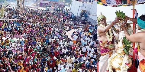 சிவகாசி அருகே திருத்தங்கல் கருநெல்லிநாதர் கோயில் கும்பாபிஷேகத்தில் பங்கேற்ற திரளான பக்தர்கள். (வலது) கோபுரக் கலசத்துக்கு புனித நீர் ஊற்றும் சிவாச்சாரியார்கள்.