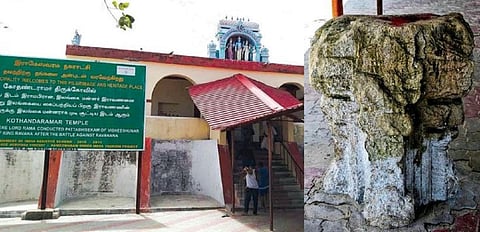 கோதண்டராமர் கோயிலின் முகப்பு பகுதி. (வலது) 1964-ல் வீசிய புயலின்போது அழிந்த கோயிலின்  எஞ்சியுள்ள தூண் பகுதி.﻿﻿