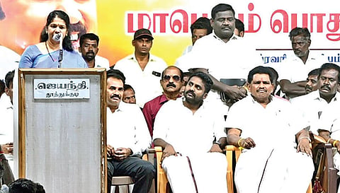 புதியம்புத்தூரில் நடைபெற்ற பொதுக்கூட்டத்தில் கனிமொழி எம்பி பேசினார் .