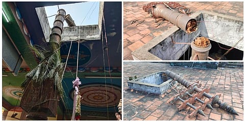 திருநள்ளாறு நளநாராயண பெருமாள் கோயிலில் பிரம்மோற்சவ கொடியேற்றத்தின் போது முறிந்து விழுந்த கொடி மரம்.