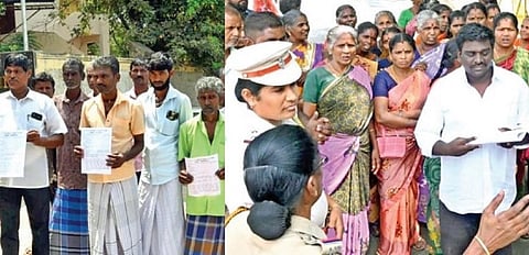 திருநெல்வேலி மாவட்ட ஆட்சியர் அலுவலகத்தில் மனு அளிக்க வந்த உள்நாட்டு மீனவர்கள்.(வலது) அடிப்படை வசதிகள் கேட்டு பேட்டை தங்கம்மன் கோயில் தெருவைச் சேர்ந்தவர்கள் மனு அளிக்க வந்தனர். 										      படங்கள்: மு.லெட்சுமி அருண்.﻿﻿