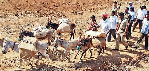 தருமபுரி மாவட்டம் கோட்டூர் மலைக்கு, கடந்த 2014-ம் ஆண்டு மக்களவைத் தேர்தலின்போது வாக்குப்பதிவு  உபகரணங்கள் கழுதைகள் மீது எடுத்துச் செல்லப்பட்டன. (கோப்புப் படம்)