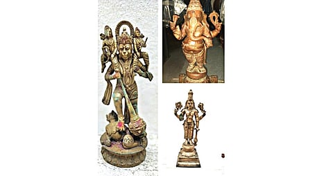 சிலை கடத்தல் தடுப்புப் பிரிவு போலீஸாரால் மீட்கப்பட்ட சுவாமி சிலைகள்.