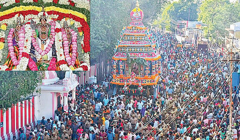 பங்குனி உத்திரத்  திருவிழாவையொட்டி பழநி கிரி வீதியில் பக்தர்கள் வெள்ளத்தில் மிதந்து வந்த தேர். (உள்படம்) சிறப்பு அலங்காரத்தில் அருள்பாலித்த வள்ளி, தெய்வானை சமேத முத்துக்குமார சுவாமி.படங்கள்: நா.தங்கரத்தினம்