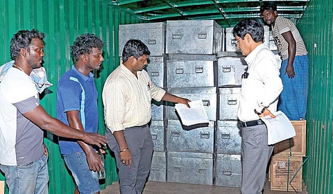 மக்களவைத் தேர்தலை முன்னிட்டு, சென்னை சிந்தாதிரிப்பேட்டை, ஜெயின் கோயில் பகுதியில் உள்ள வைப்பு அறையில் இருந்து,  சட்ட மன்றத் தொகுதி வாரியாக மின்னணு வாக்குப்பதிவு இயந்திரங்களை அனுப்பிவைக்கும் பணியை மாவட்ட தேர்தல் அலுவலர் ஜெ.ராதாகிருஷ்ணன் , நேற்று பார்வையிட்டு ஆய்வு செய்தார். 
| படம்: ம.பிரபு |