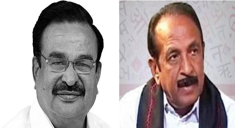 மறைந்த எம்.பி. கணேசமூர்த்தி (இடது), மதிமுக பொதுச் செயலாளர் வைகோ (வலது)