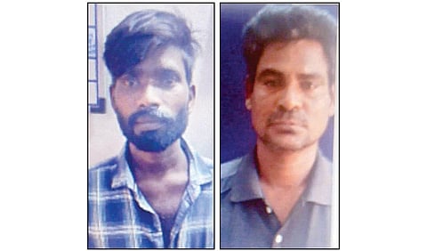 பெண் குழந்தையை கடத்தி, விற்க முயன்றதாக கைது செய்யப்பட்ட கார்த்திக், செல்வம்.