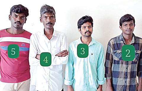 ஆயுள் தண்டனை விதிக்கப்பட்ட விஷால் (எ) சோனை முத்தையா, செல்லமுத்து,  ஐயப்பன் மற்றும் 3 ஆண்டுகள் தண்டனை பெற்ற செல்வம். படங்கள்: இரா.கார்த்திகேயன்.