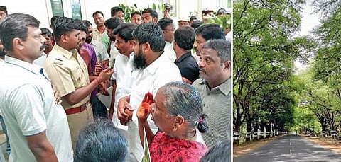 சாலையோர மரங்களை வெட்ட எதிர்ப்பு தெரிவித்து நெடுஞ்சாலைத் துறை அலுவலகத்தை முற்றுகையிட்ட பொதுமக்கள். ( அடுத்தபடம் ) ஆனைமலை பகுதியில் சாலையோரம் பசுமையாக காட்சியளிக்கும் மரங்கள்.