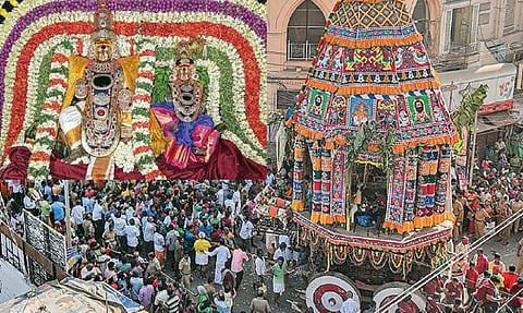 திருச்சி மலைக்கோட்டை தாயுமான சுவாமி கோயிலில் நேற்று நடைபெற்ற சித்திரை தேரோட்டம். (உள்படம்) சிறப்பு அலங்காரத்தில் சோமாஸ்கந்தர்.படங்கள்: ஆர்.வெங்கடேஷ்