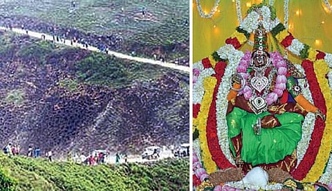 கண்ணகி கோயிலுக்கு குமுளி வனப்பாதை வழியே சென்ற பக்தர்கள். ( வலது ) சிலம்பம் ஏந்தியபடி அருள்பாலிக்கும் கண்ணகி.