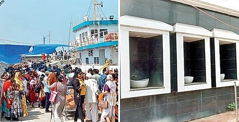 கன்னியாகுமரியில் கோடை சீஸனை முன்னிட்டு கடும் வெயிலையும் பொருட்படுத்தாமல் விவேகானந்தர் பாறைக்கு செல்வதற்காக படகு தளத்தில் குவிந்துள்ள சுற்றுலா பயணிகள். (அடுத்த படம்) கன்னியாகுமரியில் படகு தளத்துக்கு செல்லும் வழியில் அமைக்கப்பட்டுள்ள குடிநீர் குழாய்கள் காட்சிப் பொருளாக உள்ளன.﻿﻿