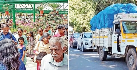 உதகை தாவரவியல் பூங்காவிலுள்ள கண்ணாடி மாளிகையில் திரண்டிருந்த சுற்றுலா பயணிகள். (அடுத்த படம்) போக்குவரத்து நெரிசலால் மேட்டுப்பாளையம் - குன்னூர் மலைப்பாதையில் அணிவகுத்து நின்ற வாகனங்கள்.